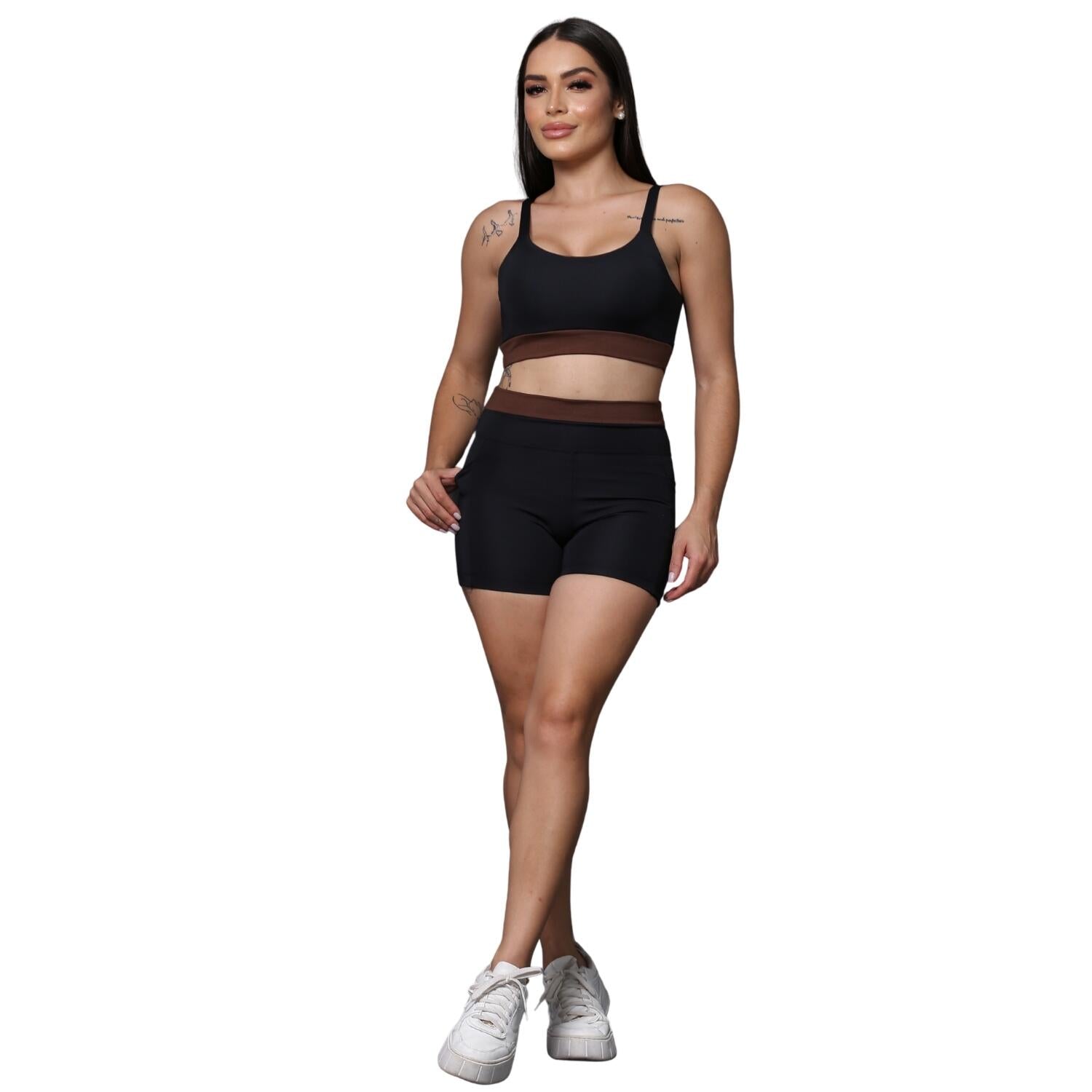 Conjunto Academia Feminino Com Bolso Suplex com Detalhe Roupa Academia Fitness Treino Corrida Zero Transparência