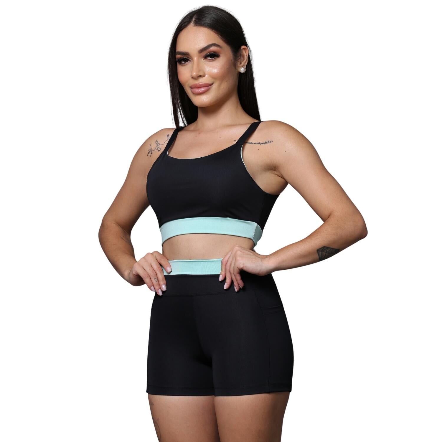 Conjunto Academia Feminino Com Bolso Suplex com Detalhe Roupa Academia Fitness Treino Corrida Zero Transparência